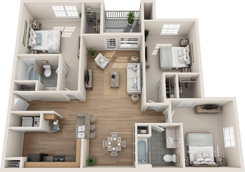 Floor plan for 3 beds, 2 baths, 1200 sqft